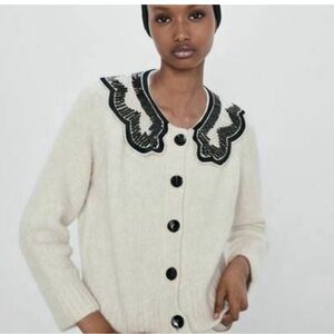 Zara Cream Cardigan Black Sequin and Velvet Details Medium